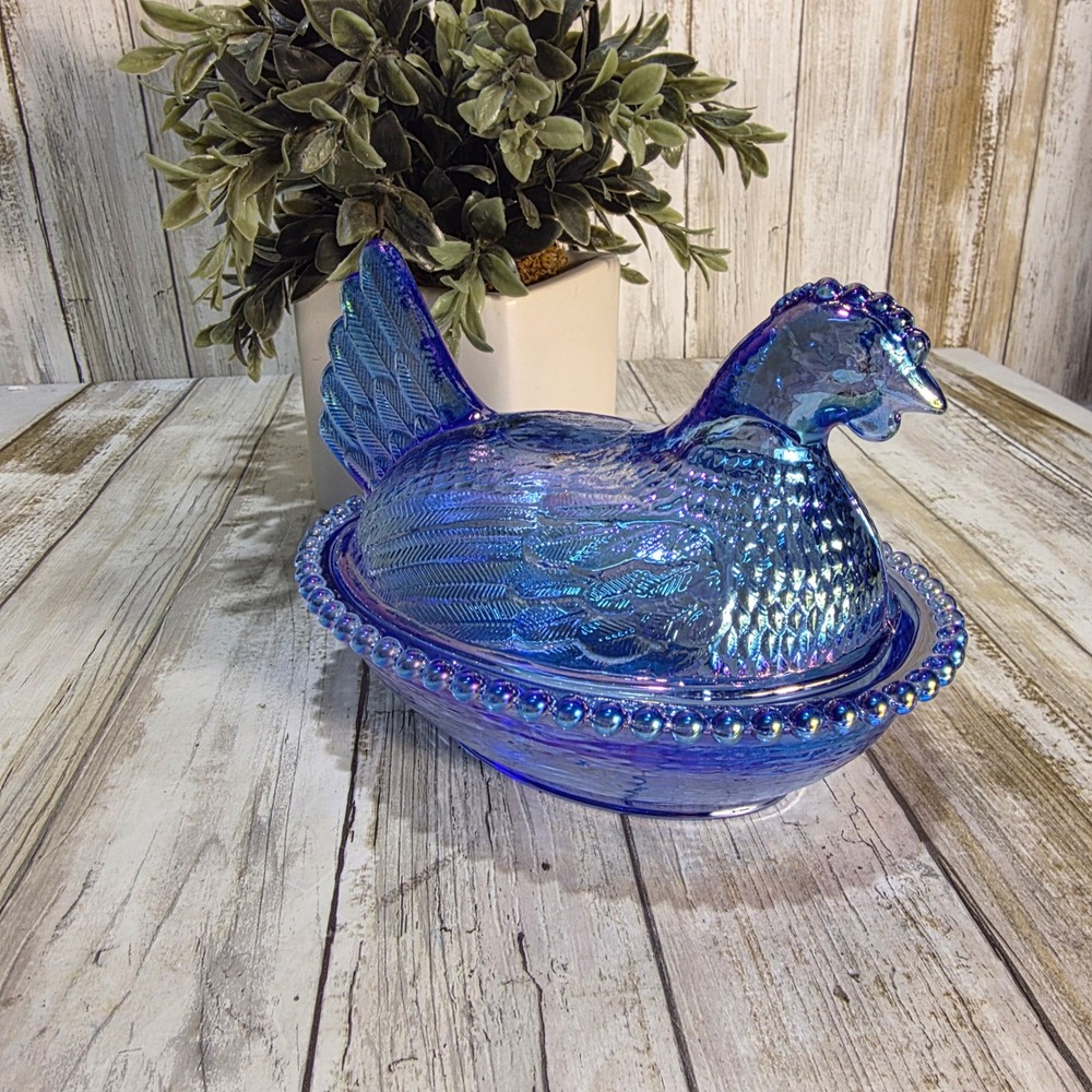 Vintage Indiana Glass Cobalt Blue Carnival Glass Hen on Nest Covered Candy Dish